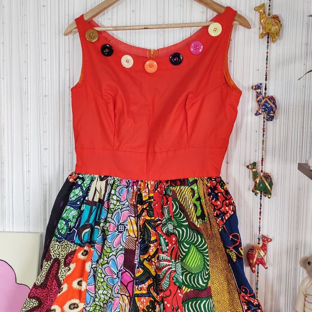 Vintage Handmade Patchwork + Button Dress